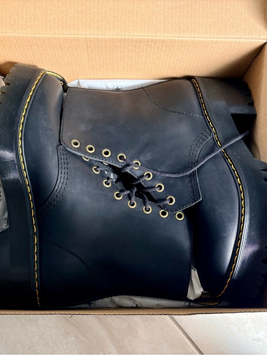 Dr. Martens Shriver HI Black Leather Lace-Up Boots with Yellow Stitching - Picture 4 of 4